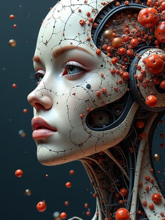 AI-generated humanoid figure with intricate design. Face features delicate beauty and robotic elements. Surface displays a network of lines and orbs. Exploration of creativity and originality in AI art.
