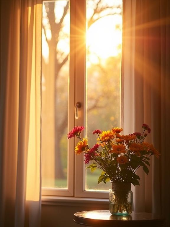 Soft sunlight shines through a window. Gentle curtains move lightly. A vase holds vibrant flowers in the foreground. The sunlight casts a golden hue across the room. Outside silhouettes of trees are visible. A warm and tranquil atmosphere is created.