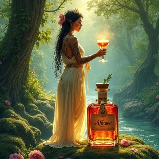A tribal goddess stands in a hidden grove. She wears intricate tattoos and flowing semi-transparent robes. She holds a cocktail glass with shimmering elixir. The bottle of 'ALFRUNO' sits on a mossy stone. It has a golden-reddish glow, a cork lid, and an elegant tag with the name. A matching cocktail glass is beside it. Roses and rosemary add natural accents around the scene. Soft ethereal light bathes the setting with lush foliage and a clear stream surrounding.