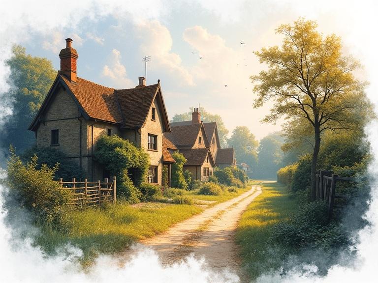 Cotswold village scene with 18th century houses and pathway. Hyperrealistic art style blends various techniques. Detail and color depth prominent throughout. Scene illuminated by side light creating a dramatic effect.