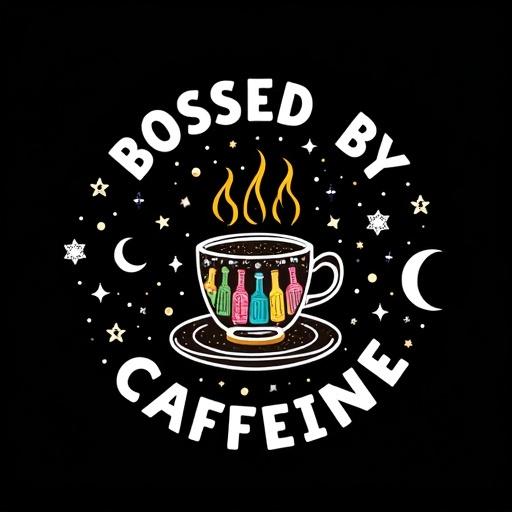 Black background features a white circular design. Center shows a drawing of a cup of hot coffee or tea. Colorful glass bottles decorate the cup. Stars and a moon surround the cup. Phrase 'BOSSED BY CAFFEINE' is above the cup. Design is bold and colorful.