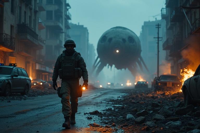 Hyper-realistic night scene in a destroyed urban street with debris, burning vehicles and collapsed buildings. A lone army soldier walks through the wreckage, holding a bright tactical flashlight. The flashlight reveals a massive rusted piece of alien spacecraft among the rubble. The soldier's expression is tense, focused forward, uniform dusty. Small fires burn in barrels and wrecked cars. Alien metal pieces and blue-lit fragments scattered nearby. The environment is dark, smoky, shadows flicker, sirens echo, ash drifts. Camera angle at human eye-level from behind the soldier's shoulder, showing the beam illuminating the wreckage. 16:9 cinematic composition.
