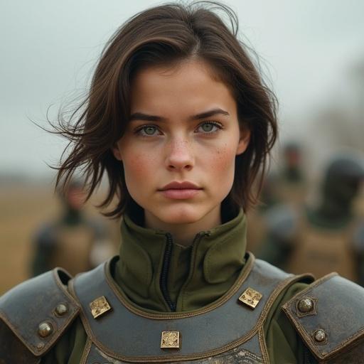 A young female soldier stands confidently in a practical military uniform. She has short brown hair and fair skin. Her eyes reflect kindness and strength. The uniform is designed for mobility and functionality. The environment suggests a battlefield or training ground. She observes her surroundings thoughtfully and composedly.