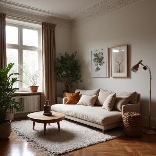 A cozy small studio living room featuring a light sofa with cushions. Indoor plants decorate the space. Large window provides natural light. Wood flooring with a textured rug complements modern decor.