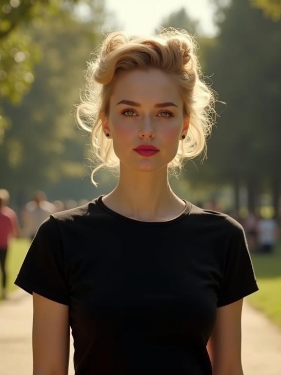 Vintage-inspired woman with honey-blonde retro updo and pink makeup. She wears a black t-shirt. She stands in a park with soft sunlight and people in the background. Shot from above the knees.