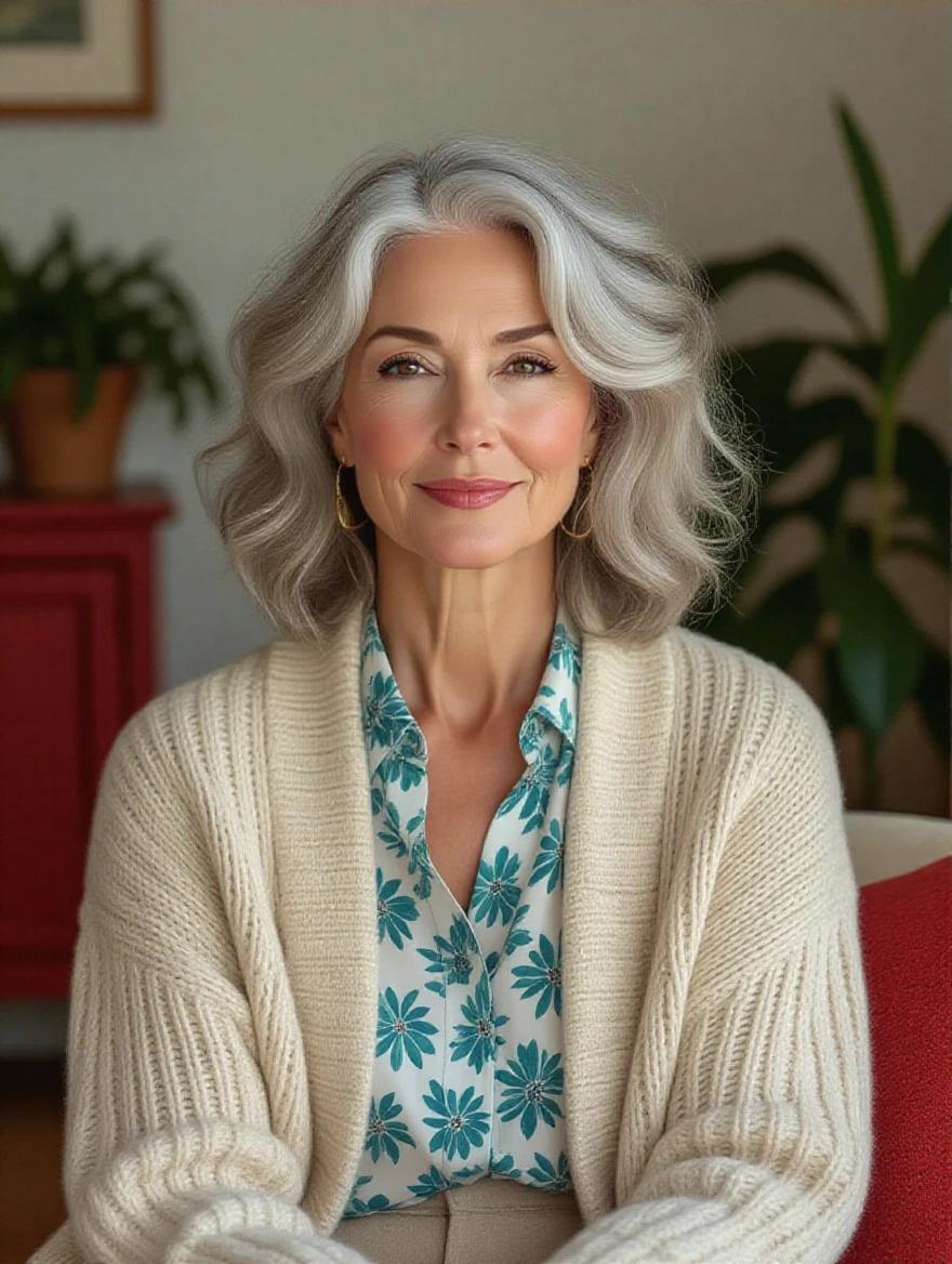 A gentle woman with soft, curly silver hair sits in a cozy living room. She wears a cream-colored cable-knit cardigan over a faded floral blouse. Loose earthy pants and simple moccasins complete her look. A red cabinet and houseplants are visible in the background. She radiates peaceful and nurturing energy.