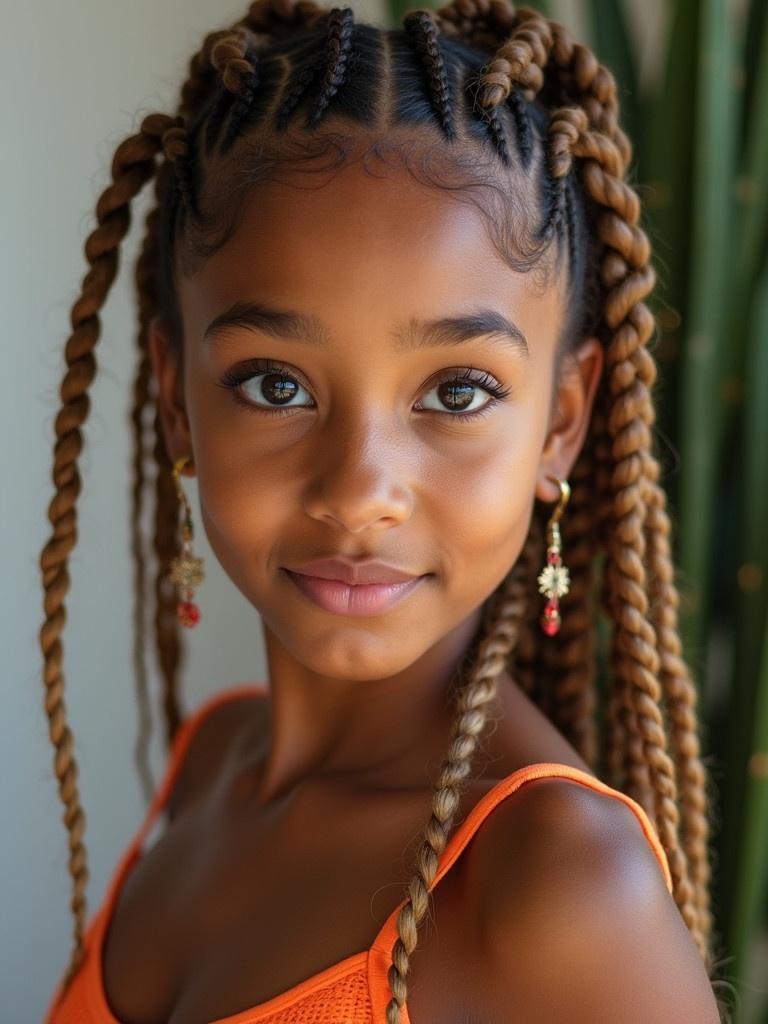 Image of a woman with cornrows hairstyle. She wears an orange top. The background contains green plants. The focus is on the braided hairstyle. Natural light illuminates the scene.