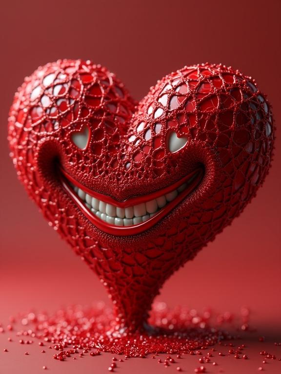 A 3D red heart made of strings and latex. The heart has a friendly smile. The design features intricate patterns and a glossy finish. High-resolution artwork showcasing creativity.