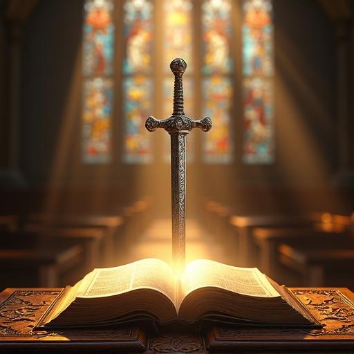 Hyperrealistic photorealistic image of an ancient Bible with golden pages on a wooden altar. A divine hand emerges from glowing pages holding a silver longsword. Rays of light come through stained glass windows.