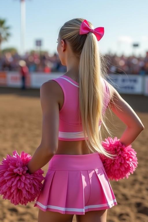 An animated character resembling Elsa has long hair in side pigtails. She wears a pink and white cheerleader uniform and holds pom poms. She cheers at a rodeo.