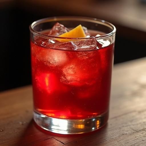 Close-up shot of a red drink served on ice in a clear glass. A slice of lemon is garnished on top. The background is softly blurred to keep the focus on the drink.