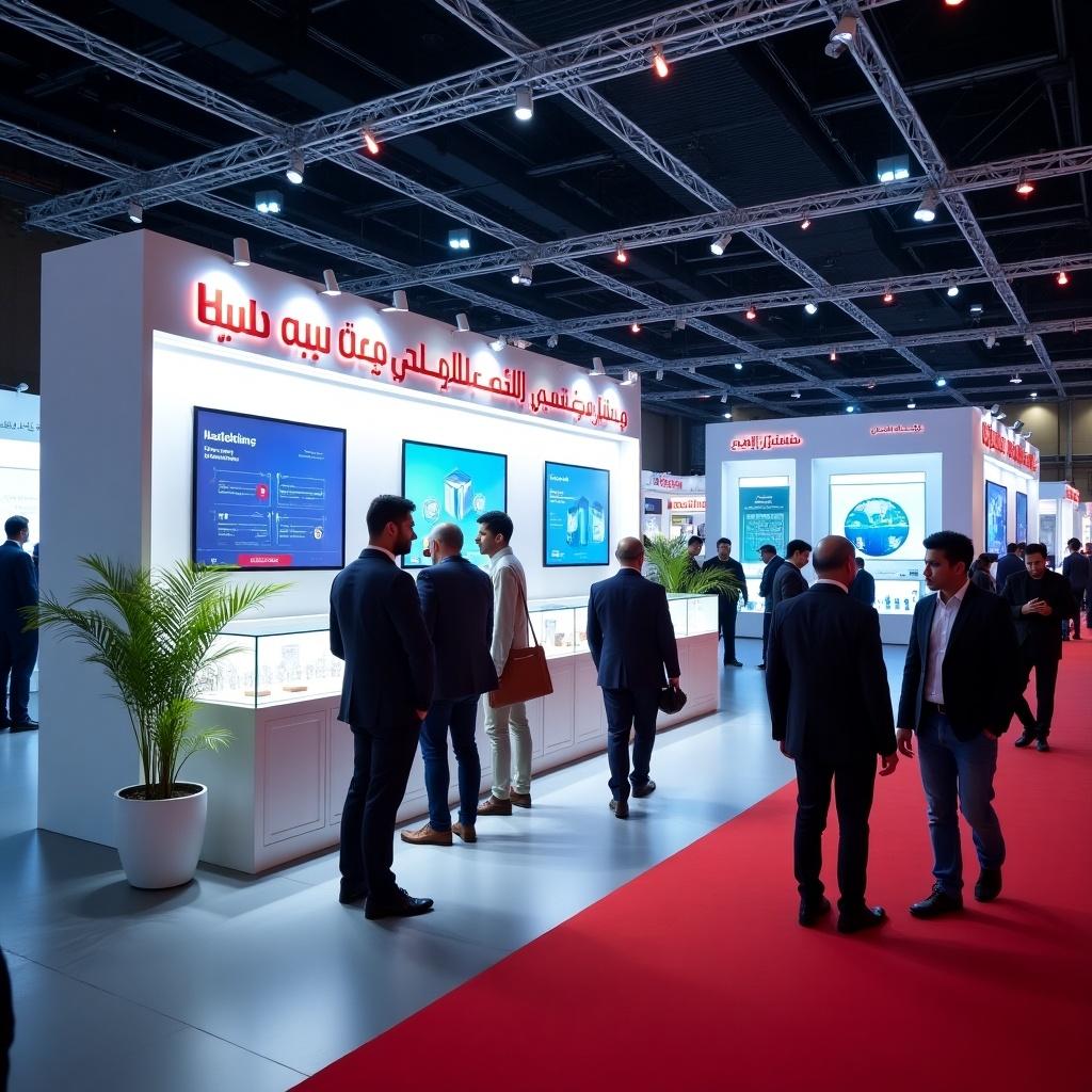 A booth at a trade exhibition features a modern design with white and red colors. Display cases showcase awards. Bright lighting enhances the atmosphere. Potted plants add greenery. Attendees walk around, indicating busyness. Nearby booths have Arabic signs, suggesting international focus. Large digital screens display AI innovations. The scene is lively and informative, reflecting advancements in technology and collaboration.