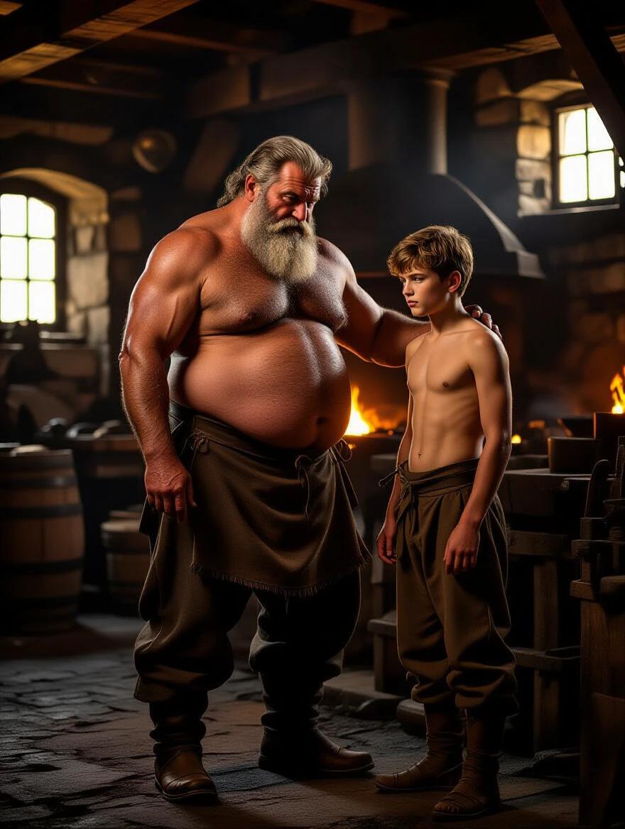 A highly detailed scene in a medieval forge. A strong blacksmith with a rich beard stands beside a young apprentice. Soft lighting highlights their contrasting physiques. The atmosphere is warm and intimate. The background features glowing fire and stone walls. Shot with an emphasis on realism and texture.