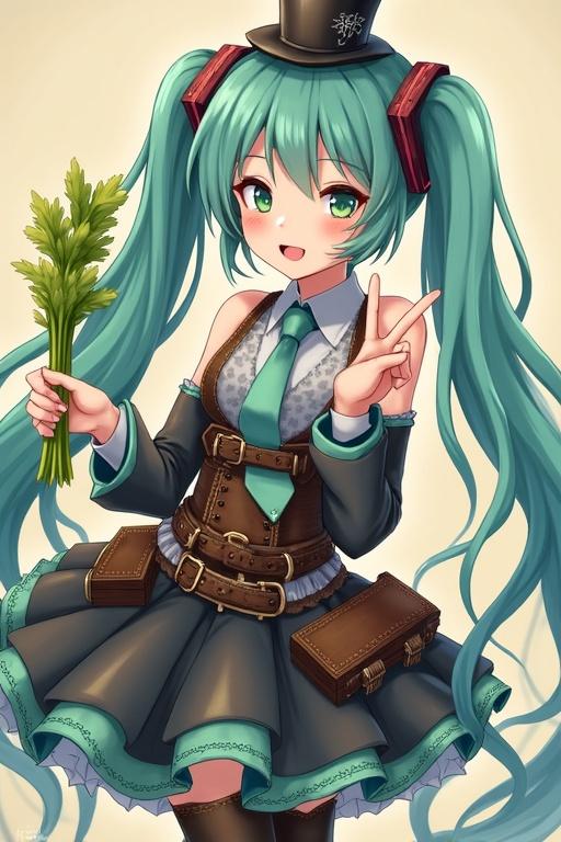 Hatsune Miku in steampunk dress holding celery. She makes peace sign with right hand. She dances and sings karaoke.