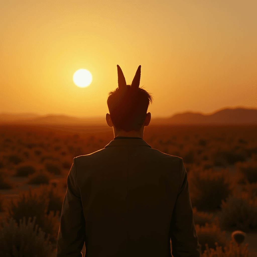 A person with animal ear accessories stands silhouetted against a desert sunset.