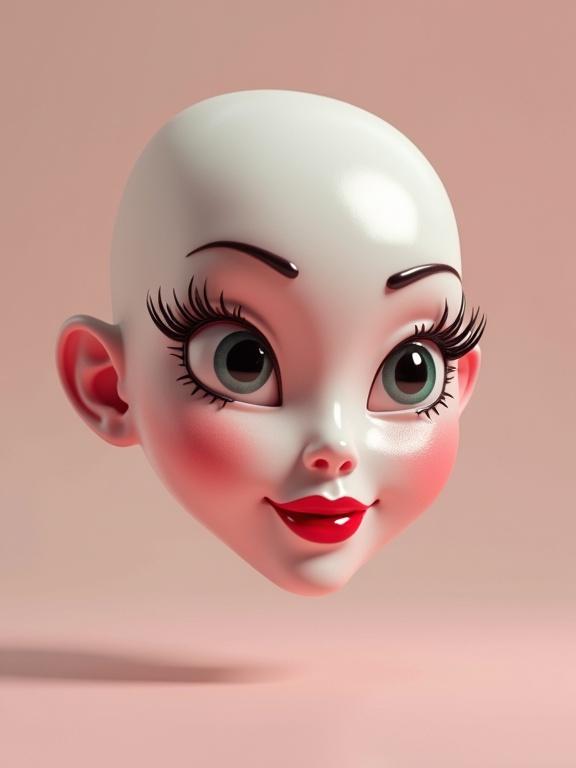 A hyper-stylized 3D floating head of a bratty and glamorous female avatar. She has half-lidded eyes and arched brows. Subtle lip curl conveys a classic mean girl attitude. Skin is fair and porcelain-smooth with a glossy finish. Highlighter is applied dramatically to cheekbones and nose tip. Soft studio lighting creates a dewy glow.