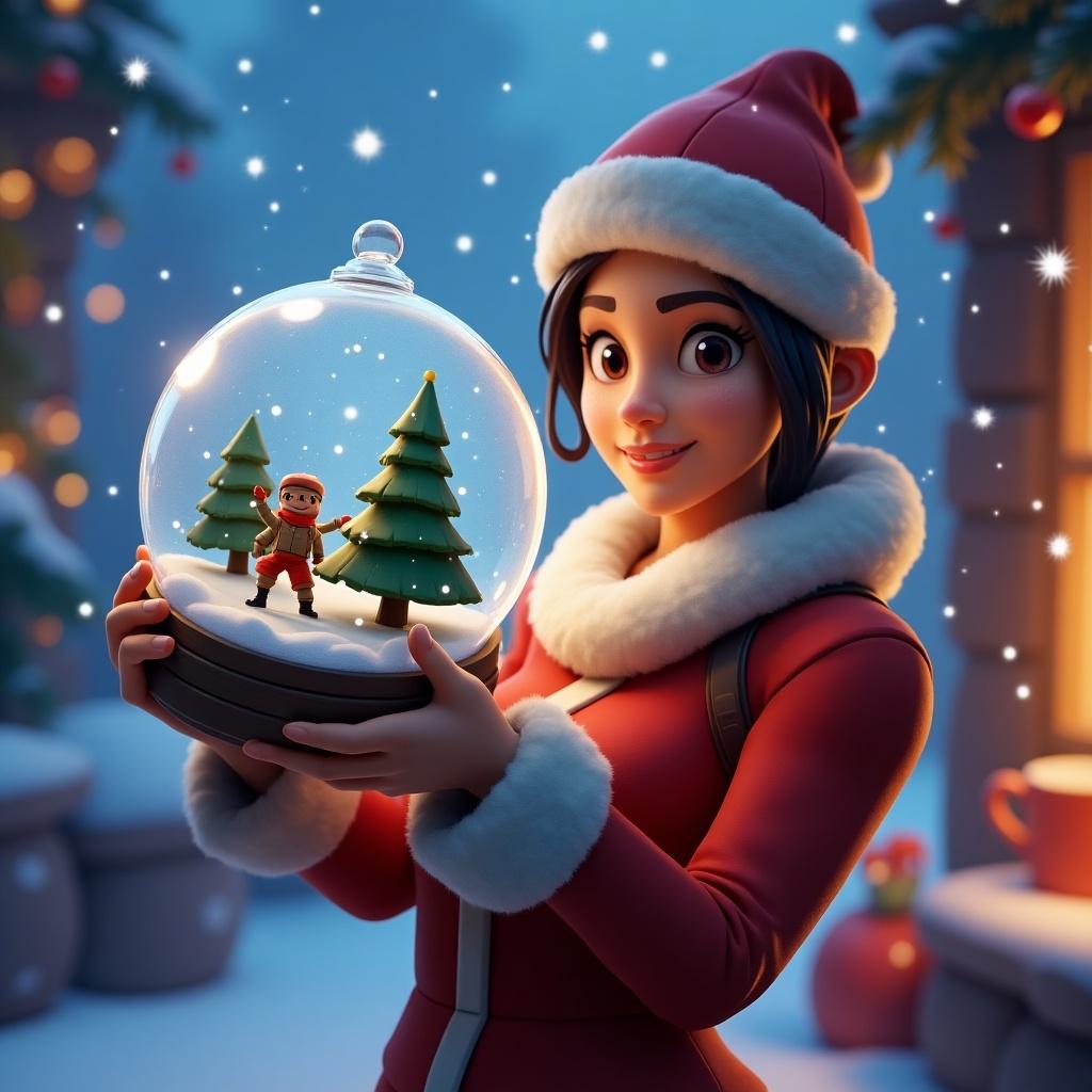 Fortnite character holds a Christmas snow globe. Snow globe contains trees and tiny figure. Background features snowflakes and festive decorations. Scene is cozy and winter-themed.