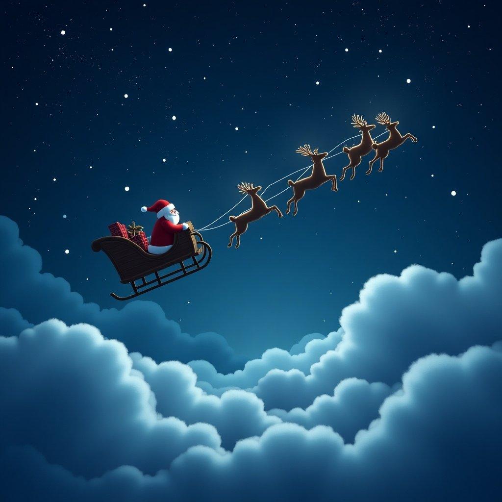 This image features Santa Claus cheerfully riding his sleigh through a starry night sky. He is accompanied by a team of reindeer flying gracefully above fluffy clouds. The scene captures the essence of Christmas magic, with twinkling stars illuminating the background. Santa is depicted in his traditional red suit, bringing joy and holiday spirit. The overall atmosphere evokes feelings of warmth and festivity, making it perfect for holiday-themed projects.