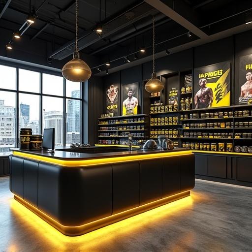 Realistic image of a supplement shop interior for K-Pro. Bold motivational atmosphere. Tough athletic-inspired design with sharp lines. Industrial elements like metal and concrete. Dominated by black and yellow colors. Central counter of matte black metal with yellow LED lights. Shelves behind stocked with K-Pro supplements. Eye-catching black and yellow labels. Decor includes motivational posters and dumbbells. Bright overhead lighting for dramatic shadows. Energetic vibe perfect for fitness enthusiasts. Blurred city view through large windows. Gritty but organized interior reflecting strength.