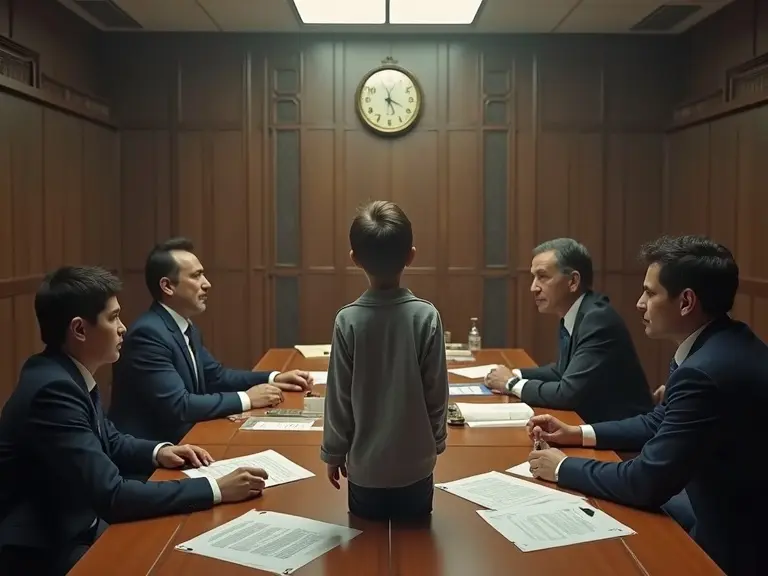 Symbolic courtroom with officials on one side and a boy with parents on the other. Papers and clocks symbolize deadlines. Tense atmosphere.