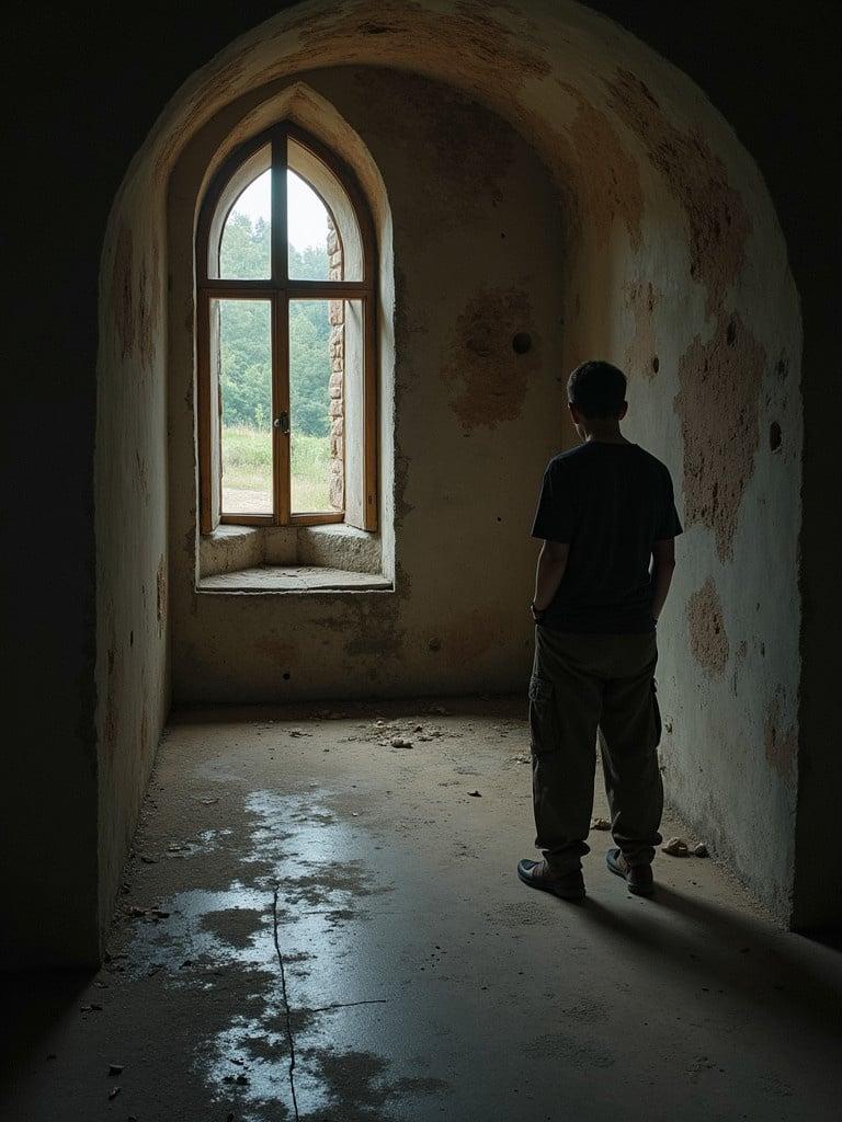 Image of a person standing alone in an empty room. The room has an arched window illuminated by natural light. Many wall imperfections are visible. The person gazes out at the landscape.