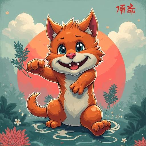 A cute orange cat character with big eyes and a friendly smile. The background features a large sun, clouds, and colorful flowers, creating a whimsical atmosphere. The cat is in a playful pose, inviting interaction. Visual style is vibrant and cartoonish.
