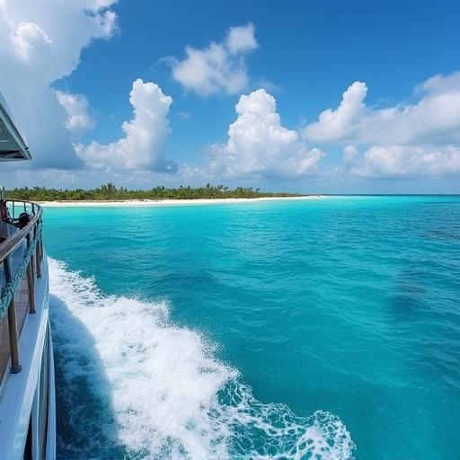 Panoramic view from the bow of a luxury yacht sailing near Cayo del Agua in Los Roques