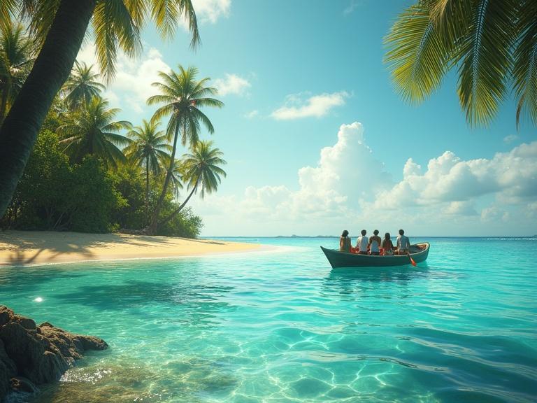 Hyperrealistic tropical paradise scene. Small wooden boat in calm turquoise waters. Seven diverse adults on boat, silhouetted against sparkling ocean. Golden sandy beach on lush island. Palm trees sway under blue sky with soft clouds. Peaceful and magical atmosphere. Warm sunlight reflections on water. Cinematic lighting emphasizes tranquility and anticipation.