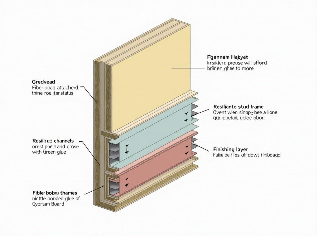 This image depicts a simplified 2D cross-section drawing of a soundproof wall. The wall includes layers starting with fibreboard attached to gypsum board, separated by green glue. The second layer consists of resilient channels attached to a staggered stud frame, topped with another fibreboard bonded with green glue to a gypsum board. A finishing drywall layer completes the exterior surface. Each material is labeled clearly with distinct colors for easy identification.