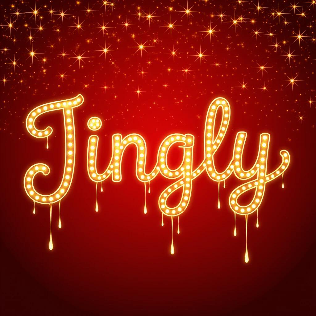 Image features the word Jingly in swirly gold letters styled like neon lights against a rich red background. The background has scattered sparkles creating a dreamy feel. Letters appear to glow and drips of light hang from them. Evokes feelings of joy and celebration perfect for creative projects.