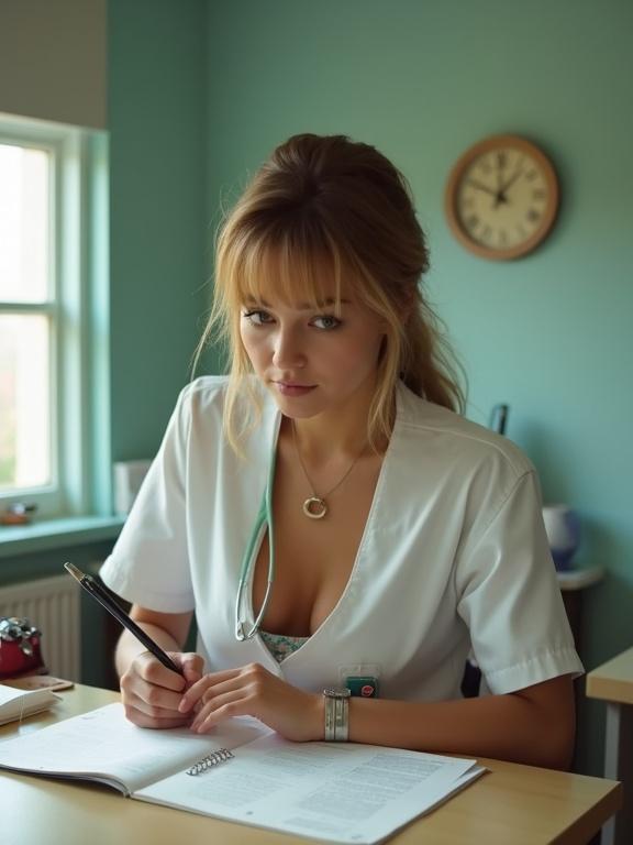 Nurse writing at desk in a healthcare setting. Soft blue walls and natural lighting create a calm atmosphere. The nurse is wearing a white uniform, focused on her work. She is holding a pen and looking at a notebook.
