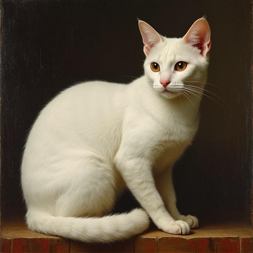 A white cat positioned gracefully in side profile. The cat has bright golden eyes and a smooth, fluffy coat. The background is dark, highlighting the cat’s features, capturing a renaissance painting style.