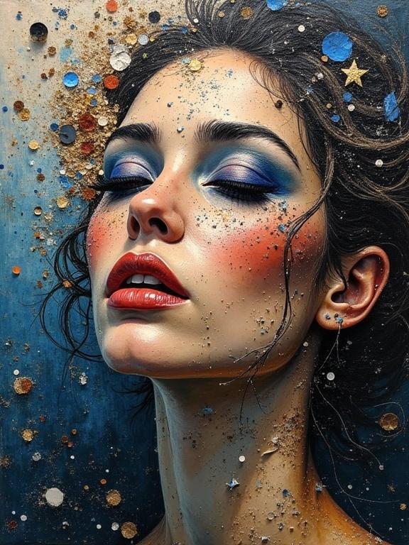Mixed media oil painting depicting a woman's face. Features include impasto texture and collage elements like jute, wood, and glitter. Dark colors create depth. Evokes a magical and stunning atmosphere.