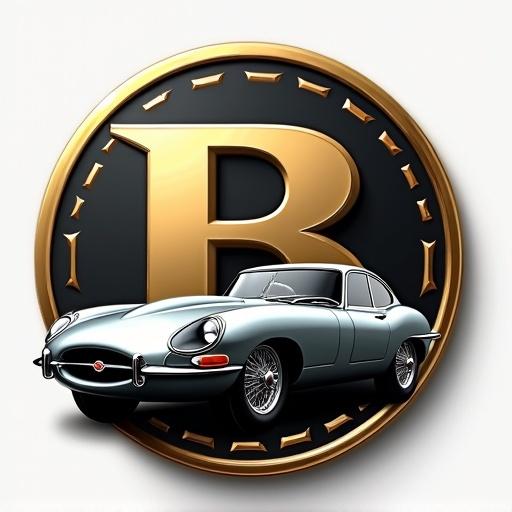 Logo design featuring a medal with a black to gold gradient. In the foreground a silver Jaguar E-Type depicted dynamically. Large letter B sits behind the car. Adjacent is a vertically mirrored B of the same size.