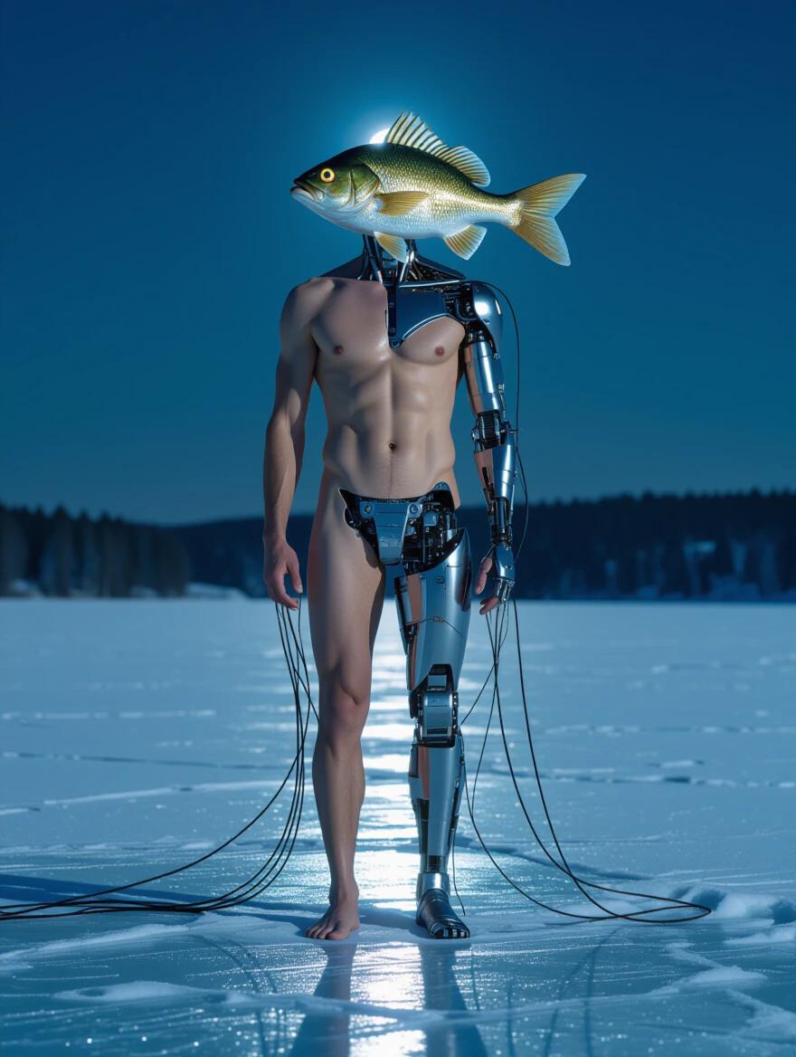 Full-body portrait of a surreal man standing on a frozen lake at night. Body fusion of human flesh and metallic android. Head of an android fish with glowing eyes. High-end DSLR quality, ultra-realistic scene. Moonlight reflections on ice. Cold atmosphere, hyper-detailed.