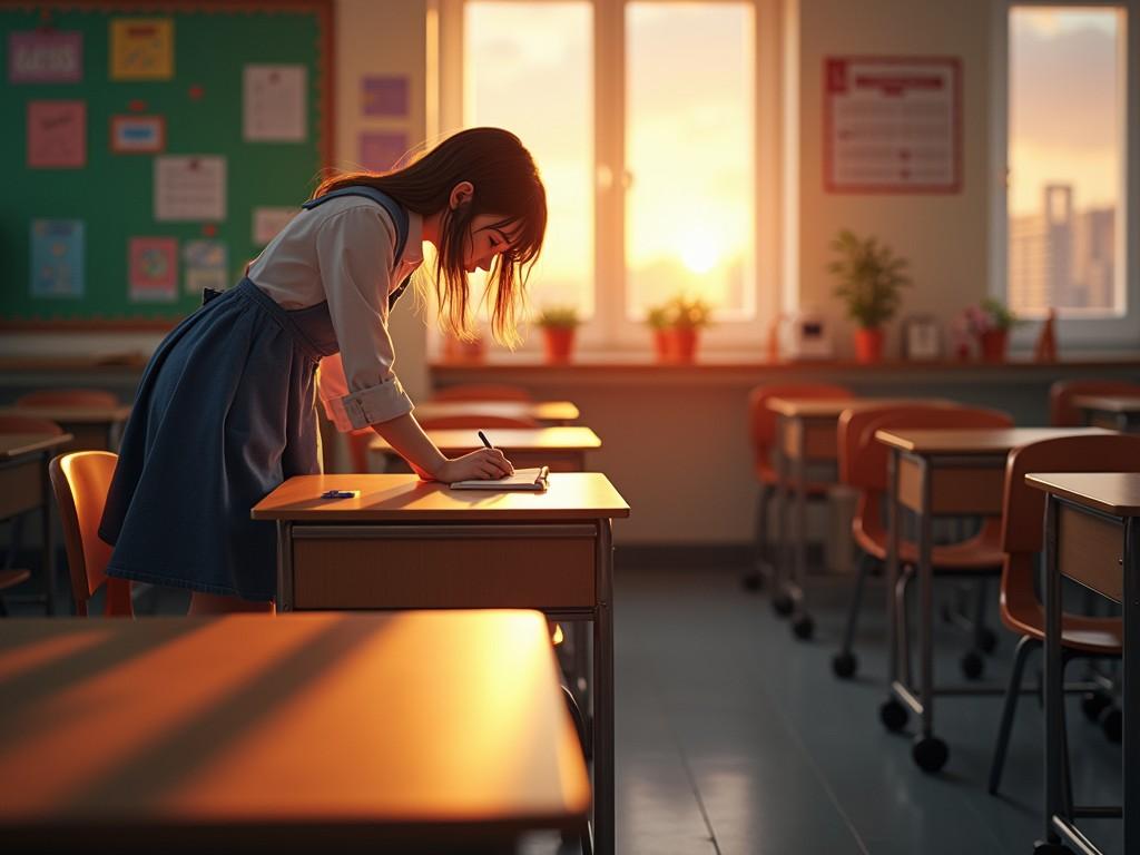 The image captures a quiet moment in a classroom flooded with warm, golden light from the setting sun. A lone student stands at a desk, deeply focused on writing in a notebook. The serene atmosphere is enhanced by the soft shadows cast across the empty desks, and the cityscape visible through the windows adds a sense of calm and contemplation.