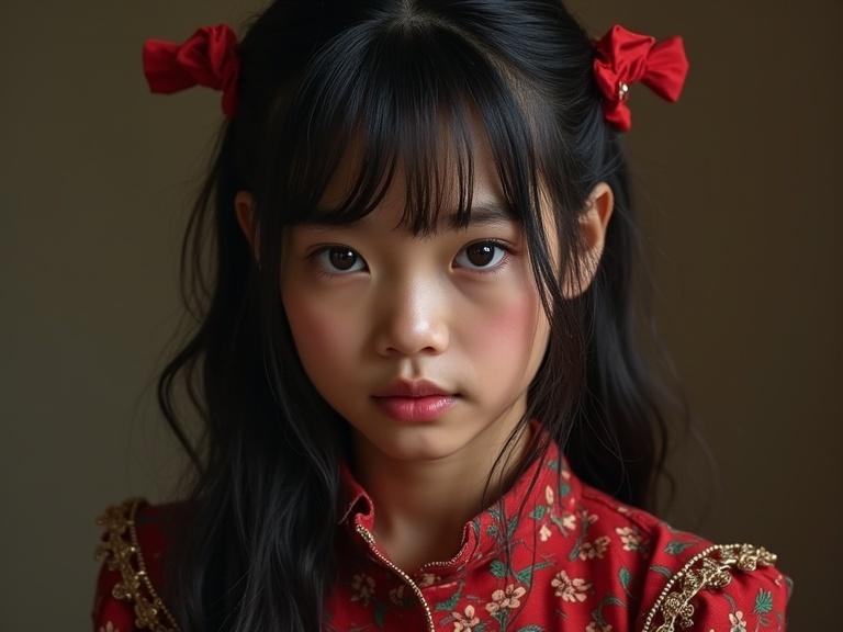 A young girl in a red traditional dress with hair styled in waves. She gazes directly at the camera with soft expression and natural lighting.