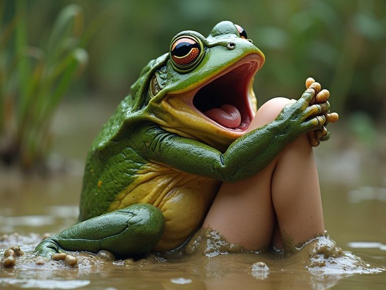 Humorous surreal depiction of large green frog embracing human leg in muddy environment. Frog has open mouth. Human leg is bare foot in mud. The scene reflects an amusing interaction between the frog and human.
