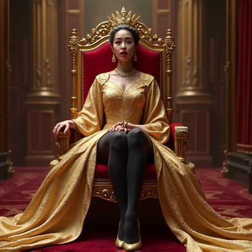 Regal empress sits on a magnificent throne with a prideful expression. Wears a luxurious gold-embroidered gown and a golden crown. Long legs crossed, in black stockings and shiny golden heels. Maids kneel before her, worshiping her. Scene is solemn and formal with soft lighting and detailed textures.