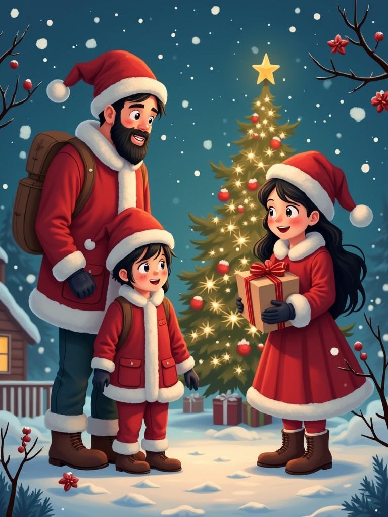 Anime family celebrating Christmas. Father wears red coat and backpack. Mother holds gift. Daughter in red dress and hat. Snow covers ground. Christmas tree adorned with lights. Warm holiday atmosphere.