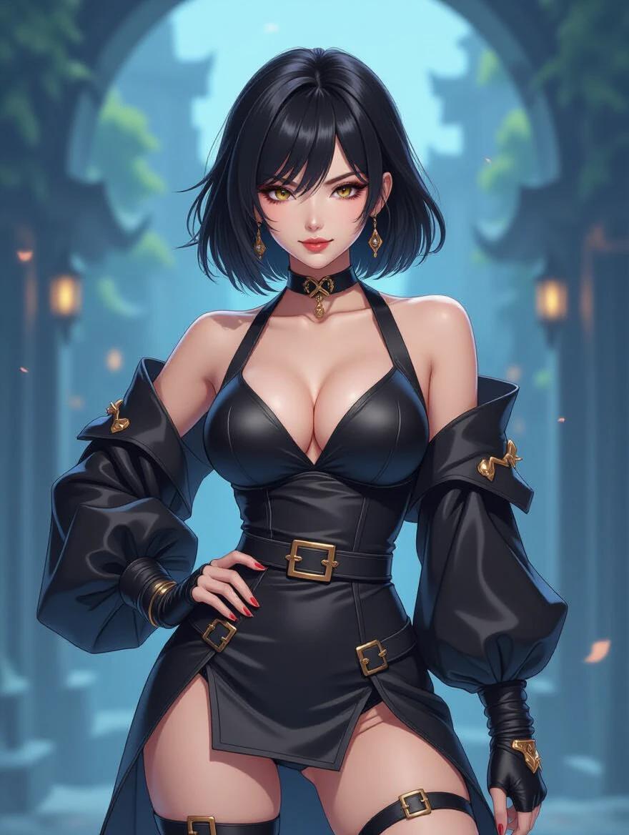 Anime-style character exuding confidence and allure. Short black hair framing face. Warrior-like features mixed with delicacy. Dressed in a form-fitting stylish outfit reminiscent of fantasy themes. Standing in a bold and provocative pose.