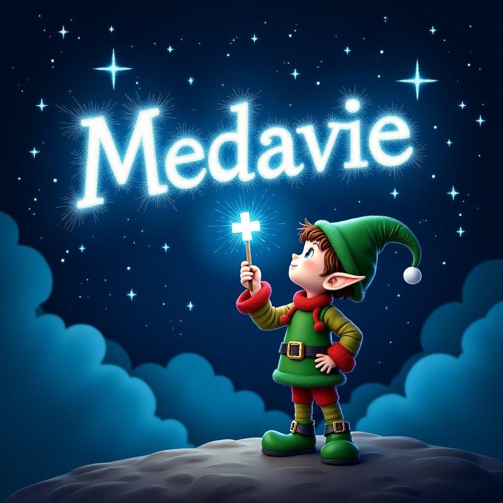 An elf writes Medavie in sparkling letters with a magical wand. Dark clouds surround a starry night. The elf wears colorful clothing. The scene is whimsical and enchanting.