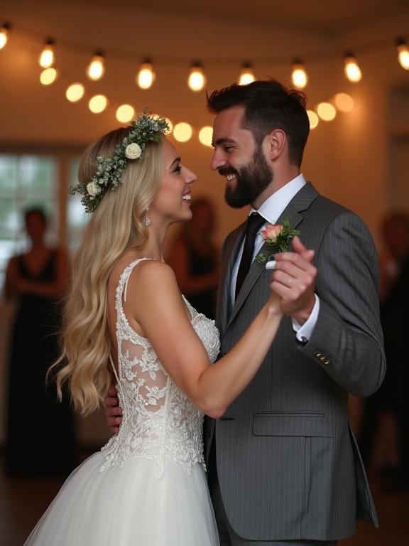 Photograph captures a bride and groom dancing. Warm lighting enhances the setting. The bride wears a white lace wedding dress. Her hair is long and blonde with a flower crown. The groom wears a gray pinstripe suit and a black tie. They hold hands and smile at each other. The indoor scene features light bulbs in the background. Soft focus creates a romantic atmosphere.