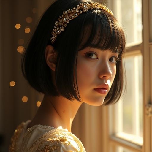 Glowing rays of sunlight through windows highlight a young woman with a jeweled headband. The model has silky black bob cut hair and a soft, serene expression, wearing a flowing gown with intricate embroidery. Light particles dance around her in a gentle atmosphere.