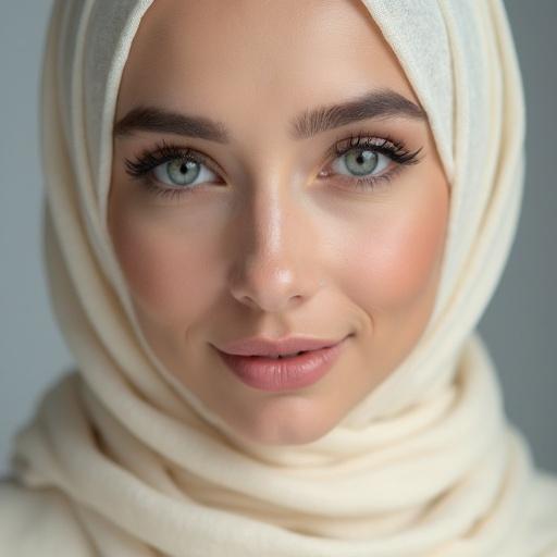 Portrait of a young woman with natural beauty. The woman wears a cream hijab. She has light makeup emphasizing her features. The focus is on her eyes and serene expression.