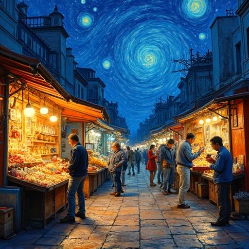 Night market scene with colorful glowing stalls and swirling skies. Merchants mid-gesture, inspired by Van Gogh's brushwork and thick strokes.