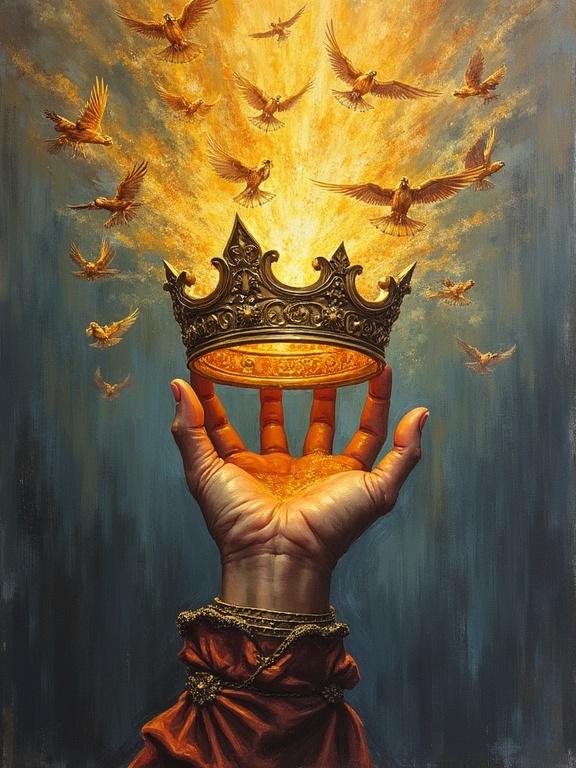 An oil painting represents a hand reaching upward clutching a regal crown. Molten gold drips from the crown forming birds. The birds with skeletal structure emerge upward. Their wings glow with fiery intensity.