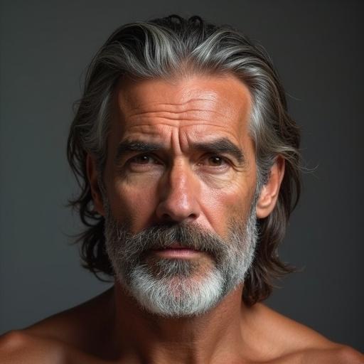 Portrait of a 45-year-old man with gray hair and beard. Sculpted body, not muscular. Nude.
