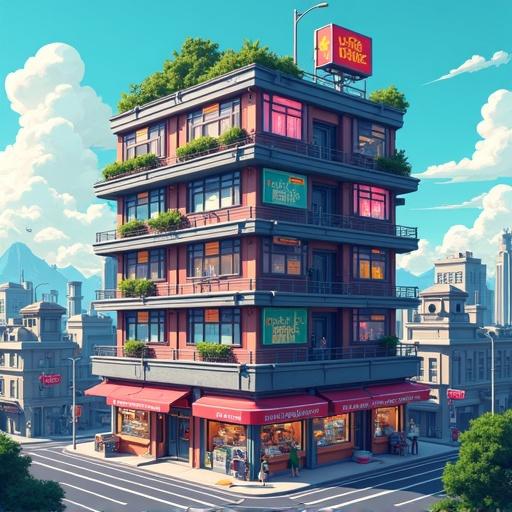 Futuristic city block illustrated in isometric layers features vibrant shops and apartments with neon billboards and rooftop gardens showcases a lively urban environment with food stalls and aerial taxis
