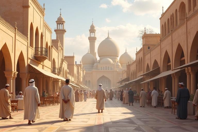 A serene 3D urban scene in Medina. People of different faiths coexist peacefully. Muslims, Jews, and Christians are trading and walking. Hazrat Umar is present, observing proudly. The environment radiates balance and harmony.